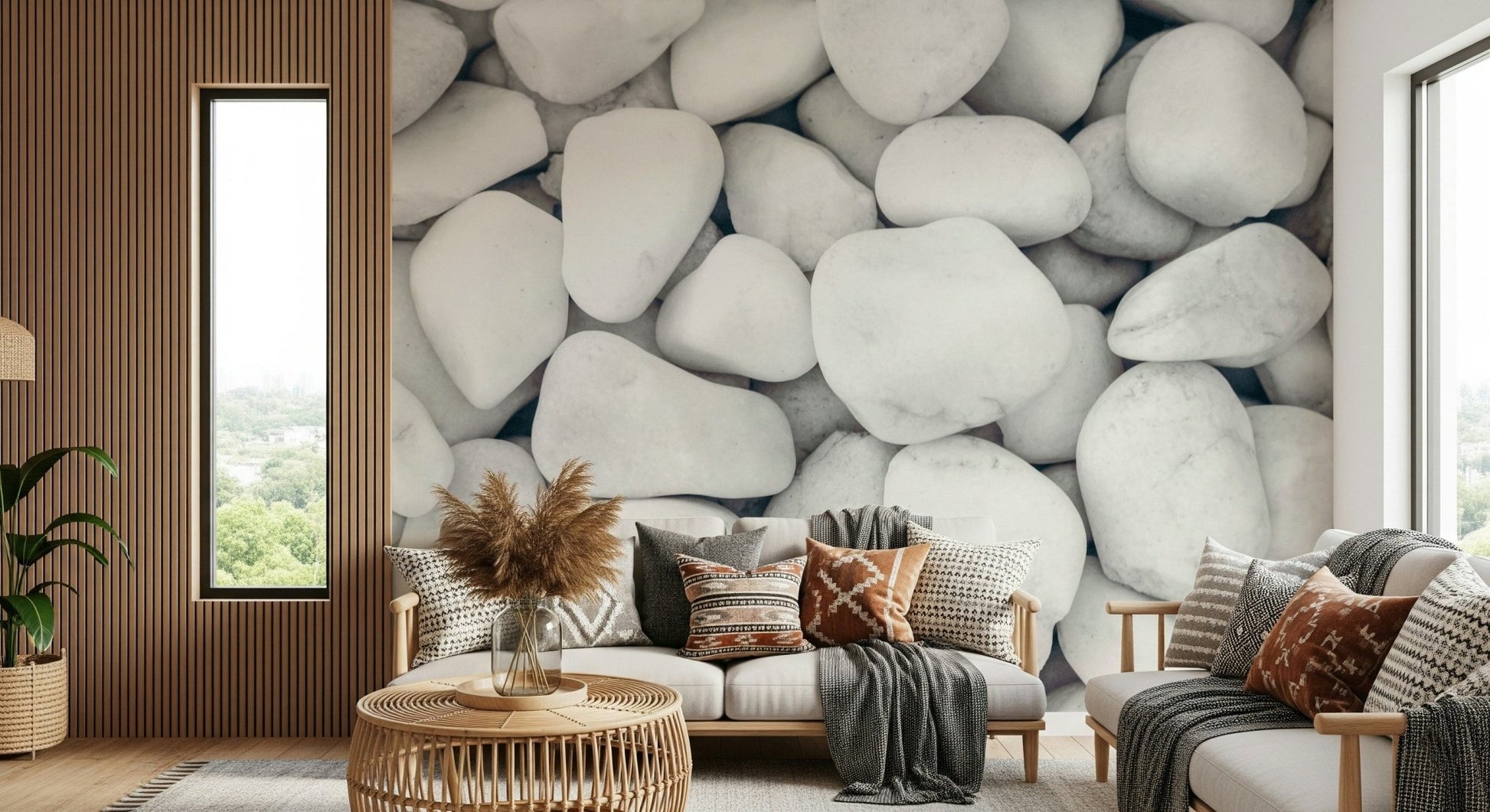 A beautiful abstract white pebble wallpaper mural with soft, rounded shapes.