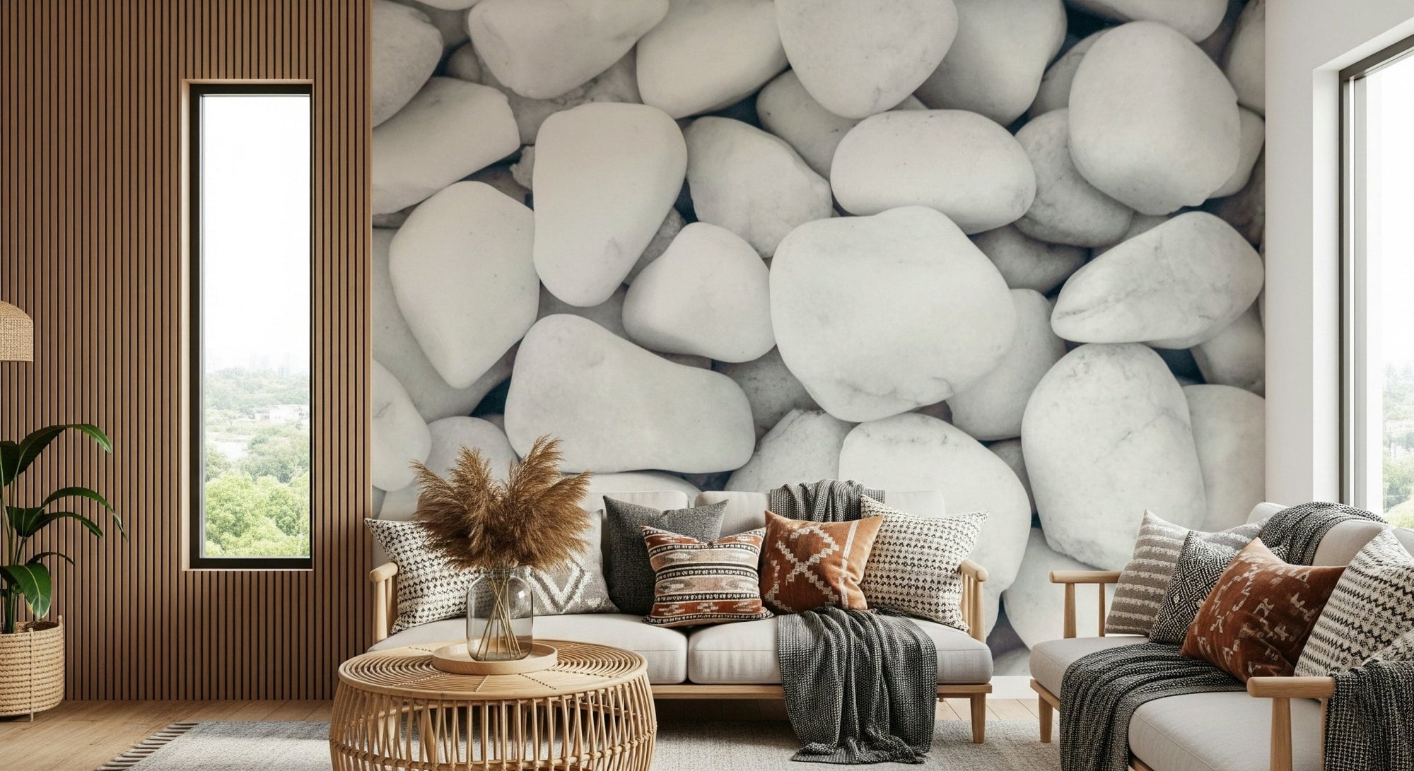 A beautiful abstract white pebble wallpaper mural with soft, rounded shapes., GD5951