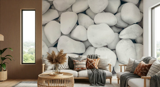 A beautiful abstract white pebble wallpaper mural with soft, rounded shapes., GD5951