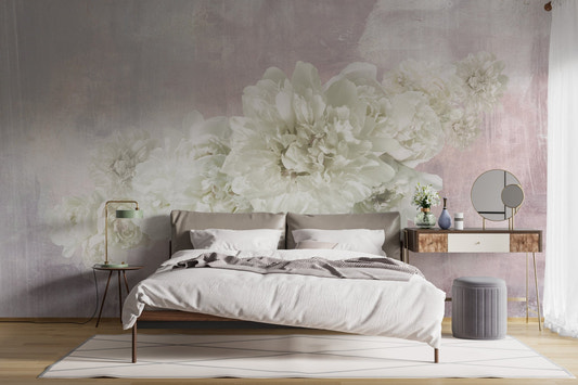 Pink wallpaper with white peony flowers