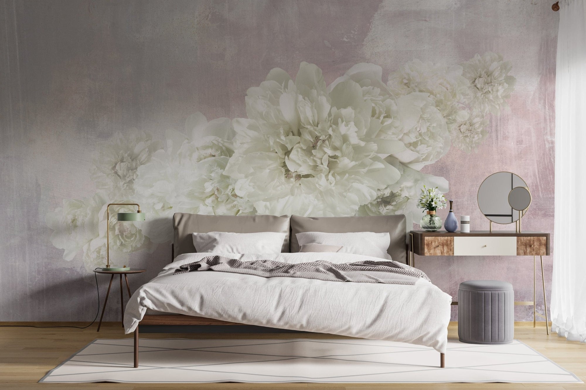 Pink wallpaper with white peony flowers A147