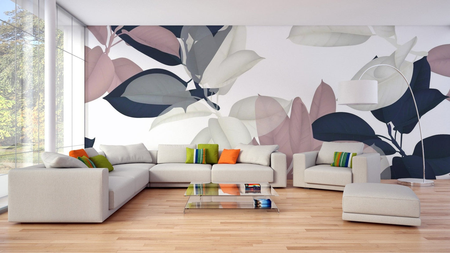 Elegant white & pink leaves mural for walls
