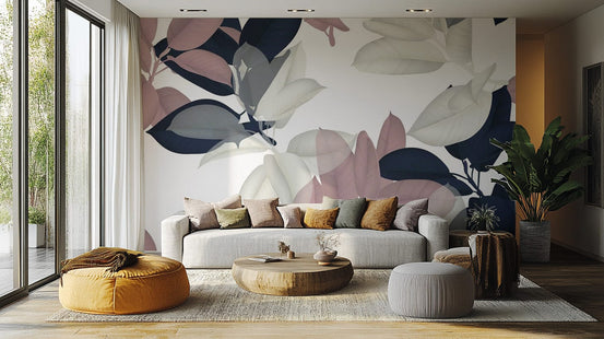 White & pink large leaves mural for walls tropical-15
