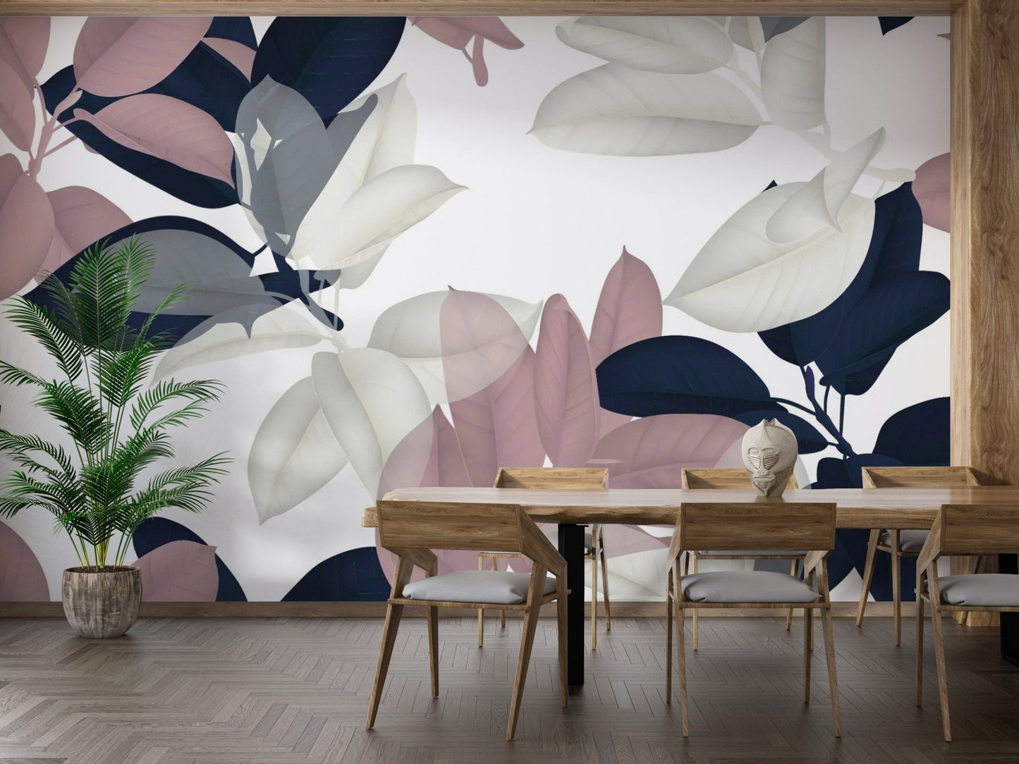 White & Pink Large Leaves Wallpaper Murals - Giffywalls