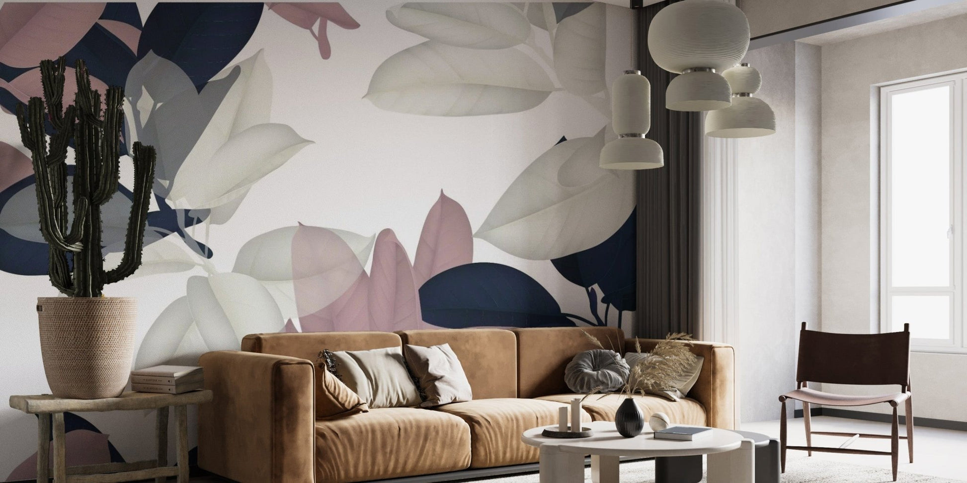 Pink and white large leaves wallpaper design
