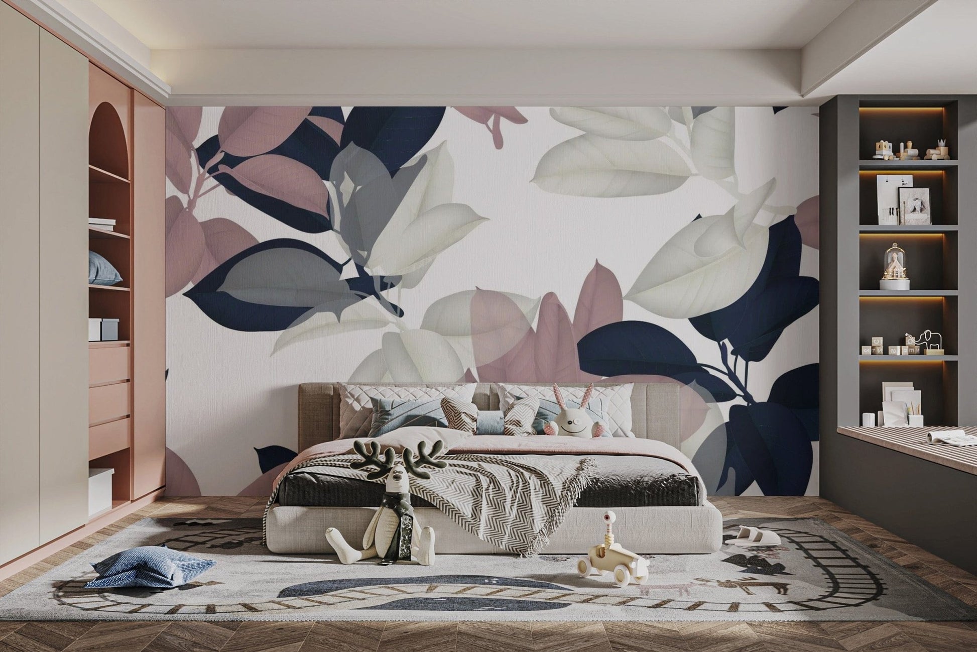 White & Pink Large Leaves Wallpaper Murals - Giffywalls