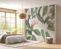 White & pink magnolia wallpaper for wall decor
