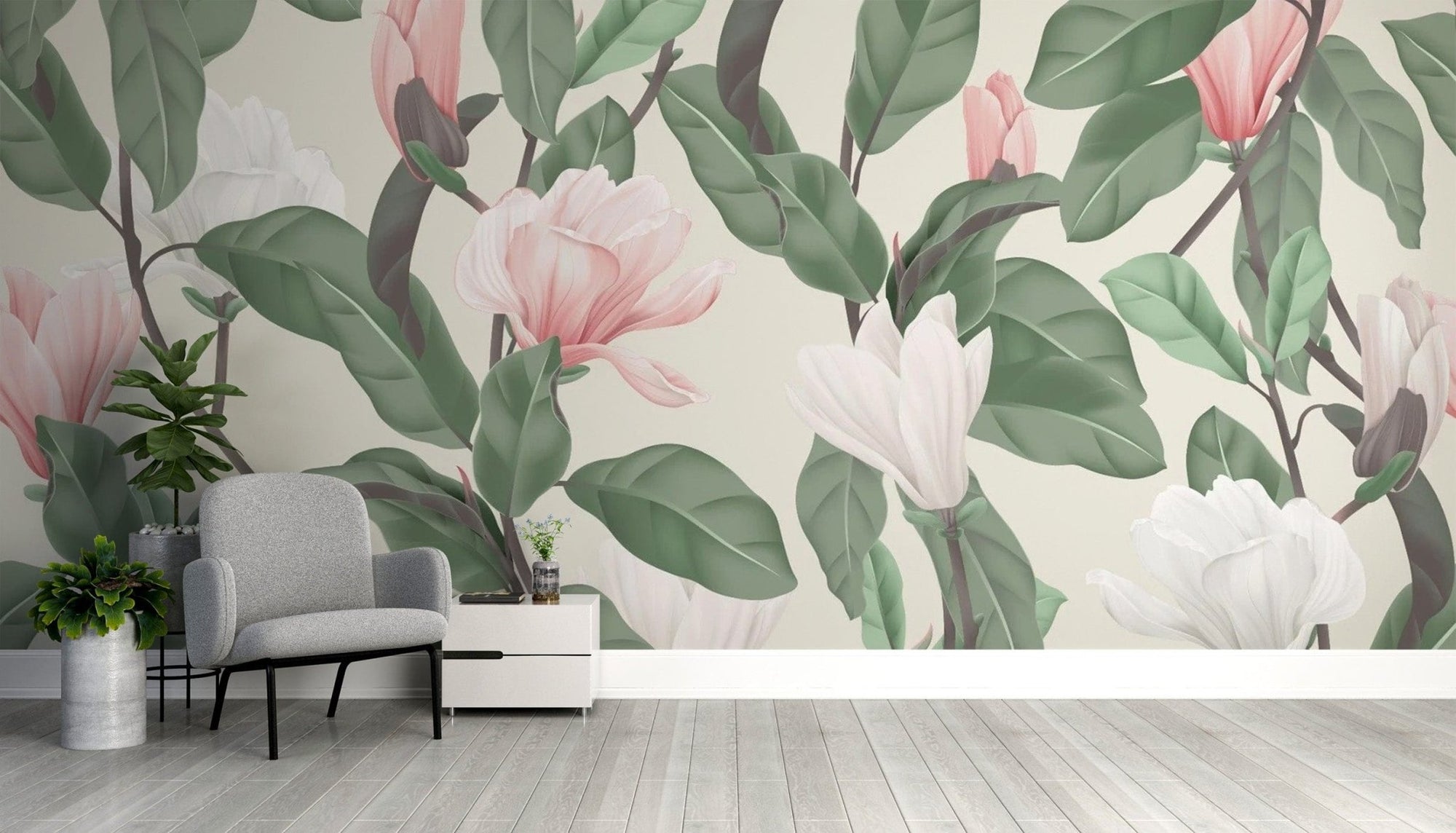 White & pink magnolia flower mural for walls flowers-12
