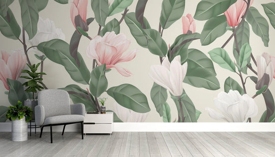 White & pink magnolia flower mural for walls flowers-12

