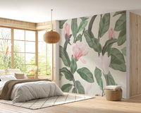 White & pink magnolia wallpaper for wall decor
