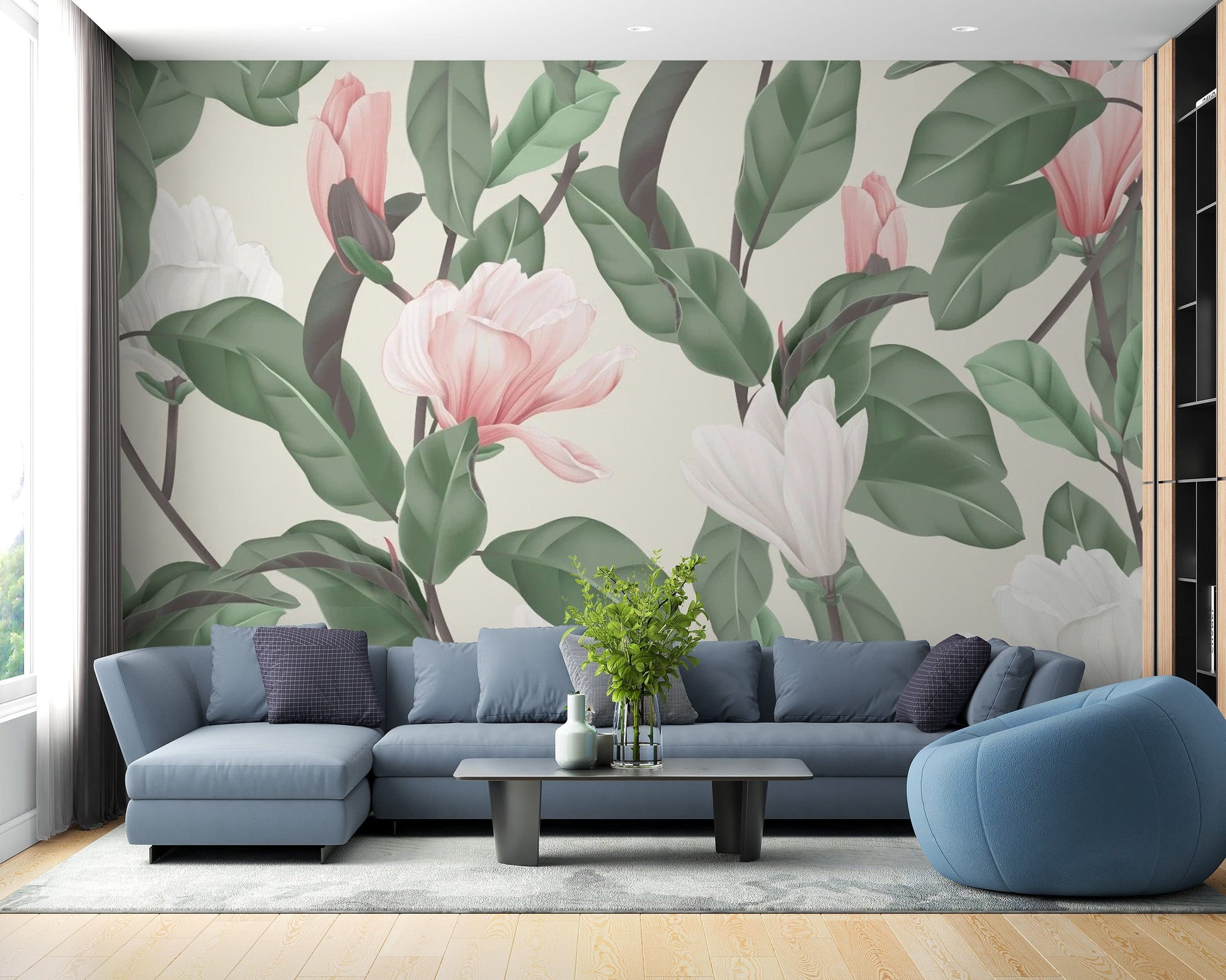 Elegant white and pink magnolia mural wallpaper
