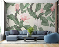 Elegant white and pink magnolia mural wallpaper
