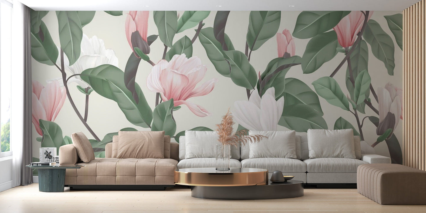 Magnolia flower wallpaper mural in pink & white
