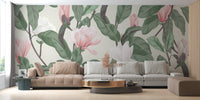 Magnolia flower wallpaper mural in pink & white
