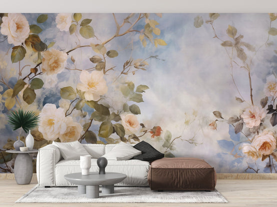 White roses blue sky wallpaper murals for a serene, nature-inspired room. DTIL55
