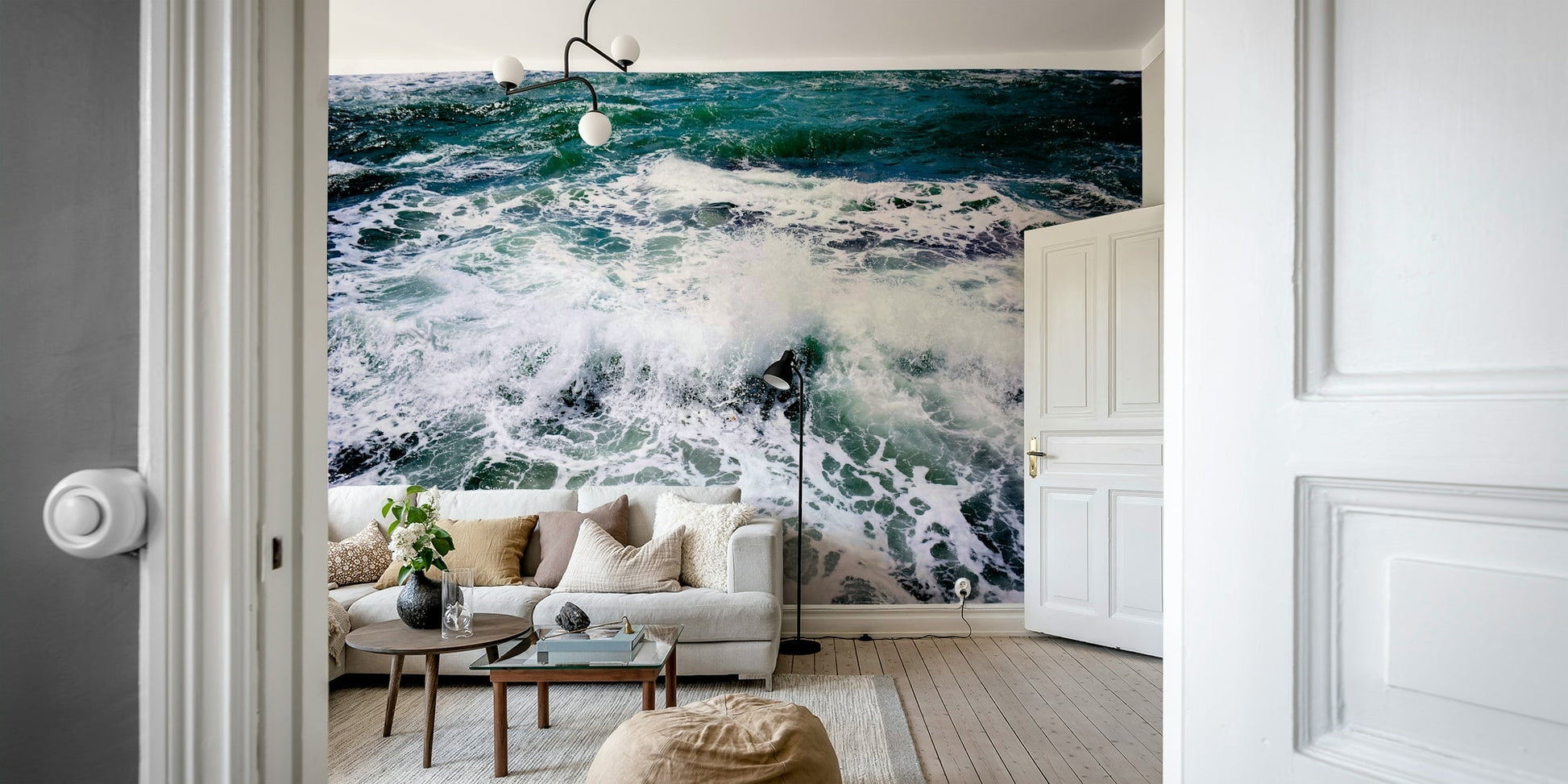 A calming abstract white wallpaper mural that defines a space.

