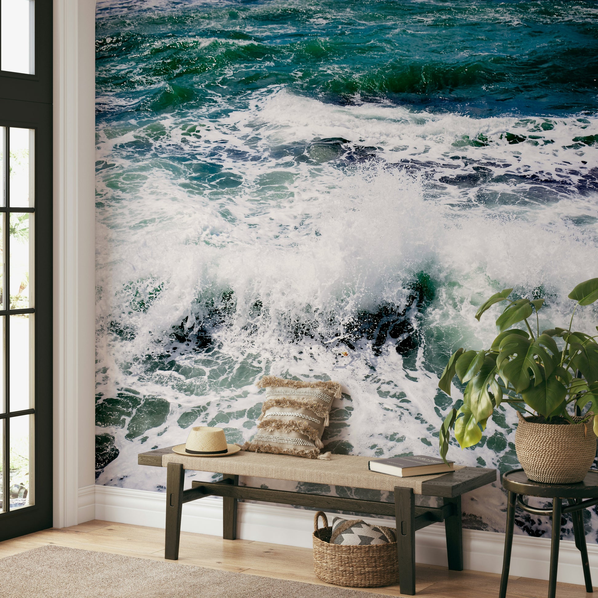 An artistic abstract design mural on minimalist wallpaper.

