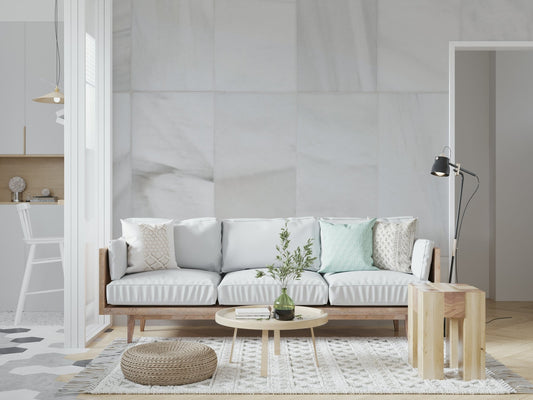 White Stone Blocks Wall Mural close-up, clean white faux stone detail.