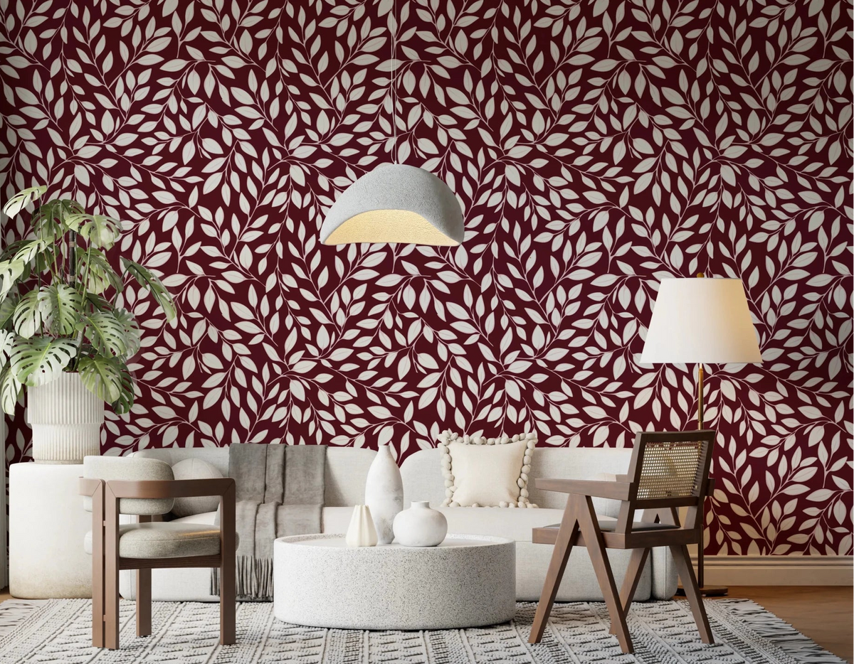 Living room styled with White Vines on Burgundy Wallpaper and soft leaf pattern, GD8231