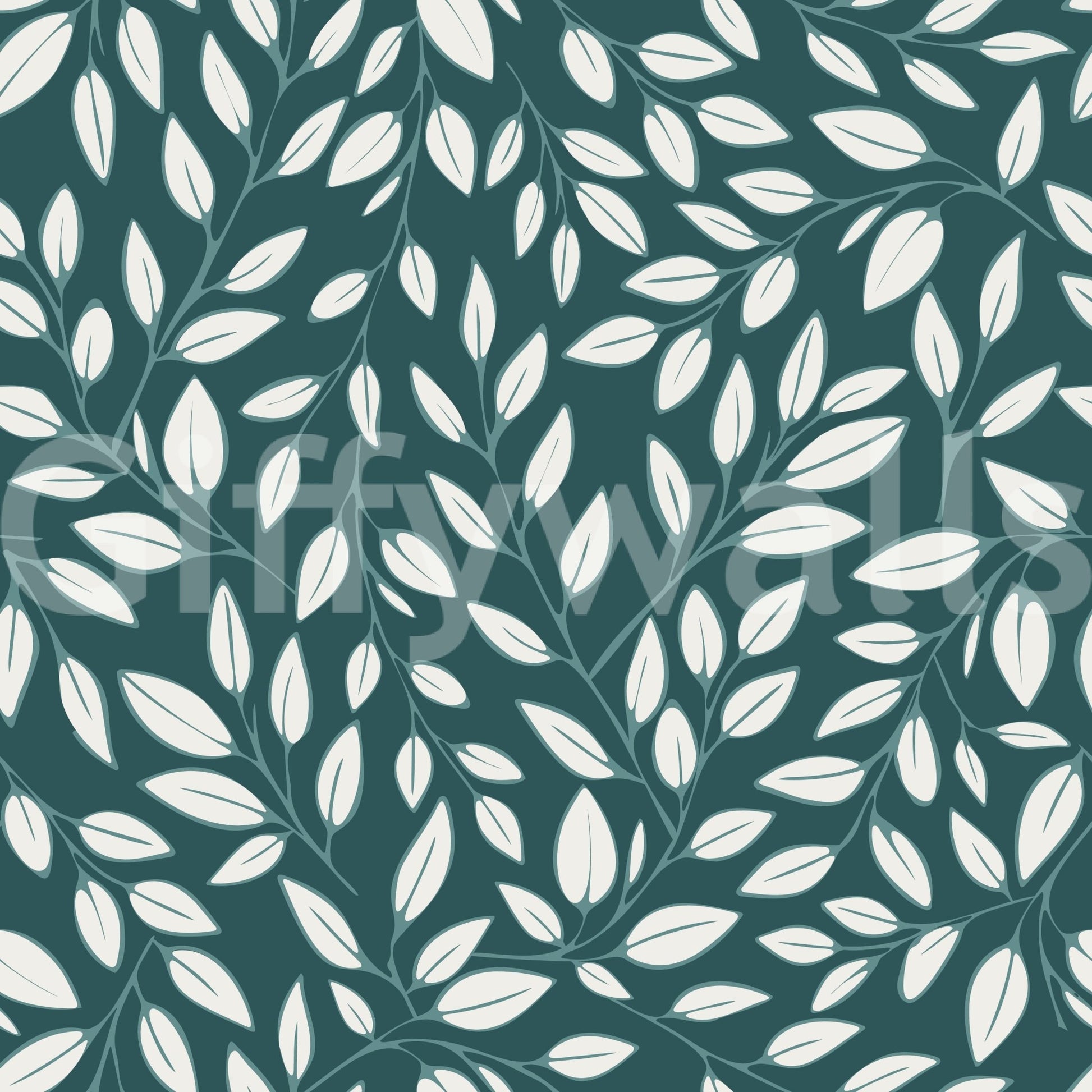 Leafy vine pattern in White Vines on Teal Wallpaper with soft white botanical forms