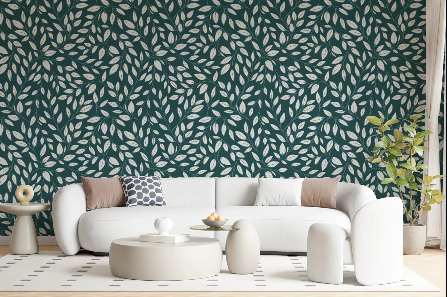 Cozy seating area balanced by White Vines on Teal Wallpaper and neutral decor