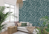 Minimal lounge styled using White Vines on Teal Wallpaper in deep teal tones