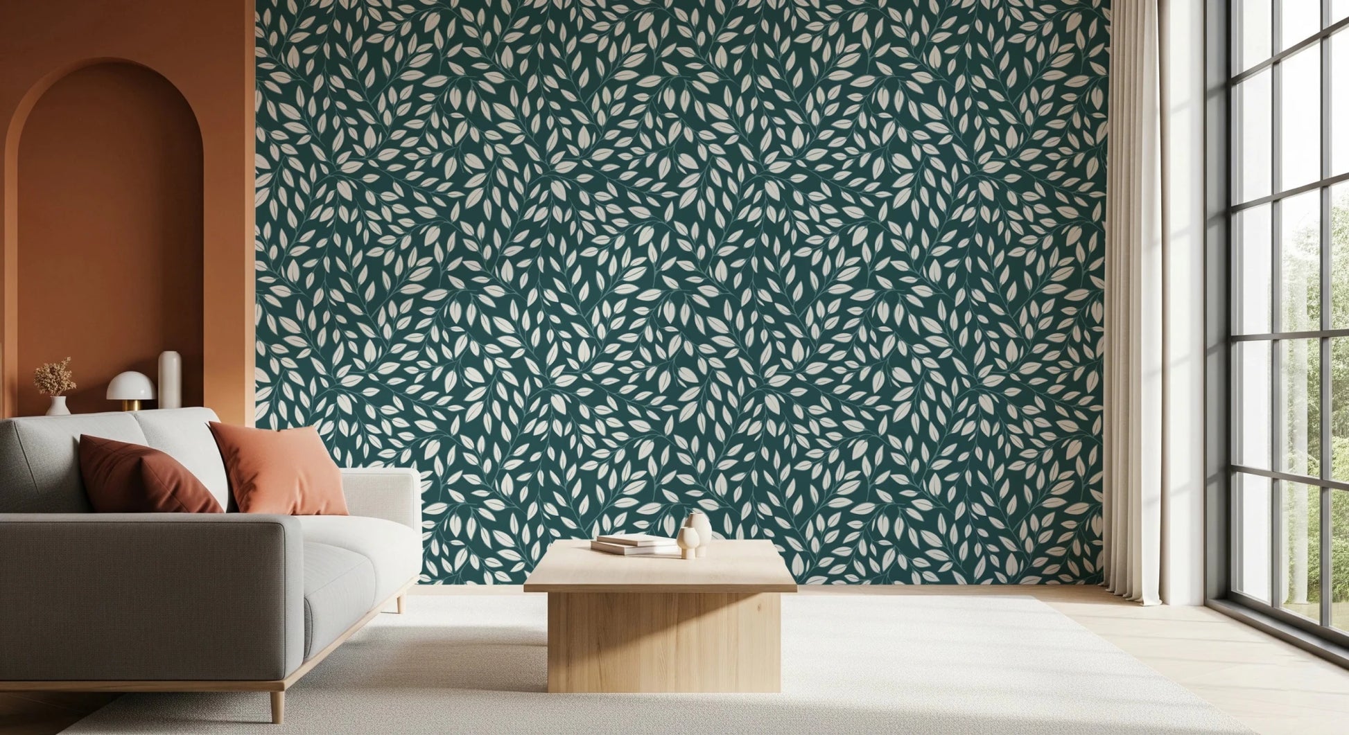 Modern lounge interior paired with White Vines on Teal Wallpaper for soft contrast