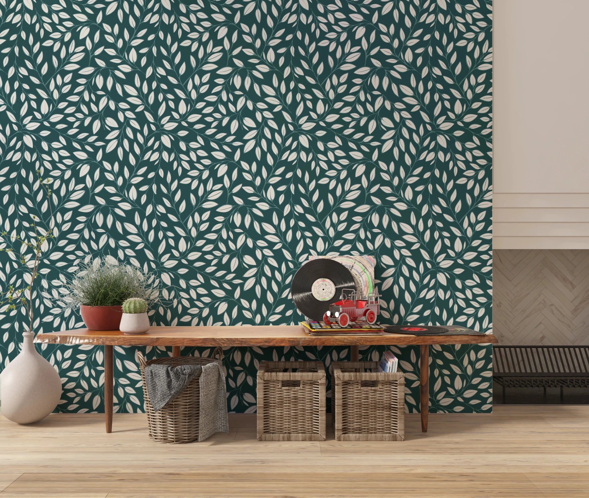 Living room interior enhanced by White Vines on Teal Wallpaper with dense leaf detail