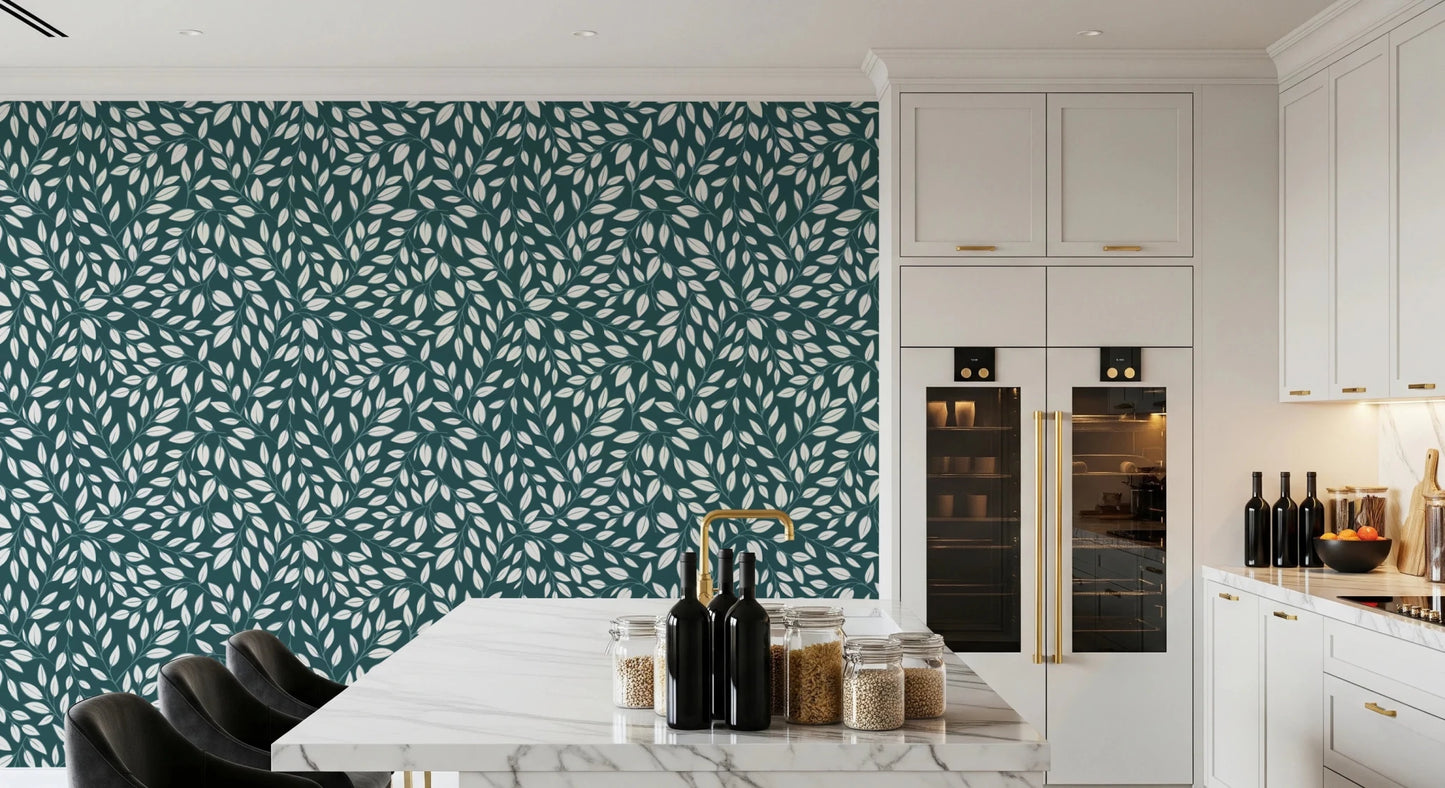 Kitchen setup paired with White Vines on Teal Wallpaper adding natural visual texture
