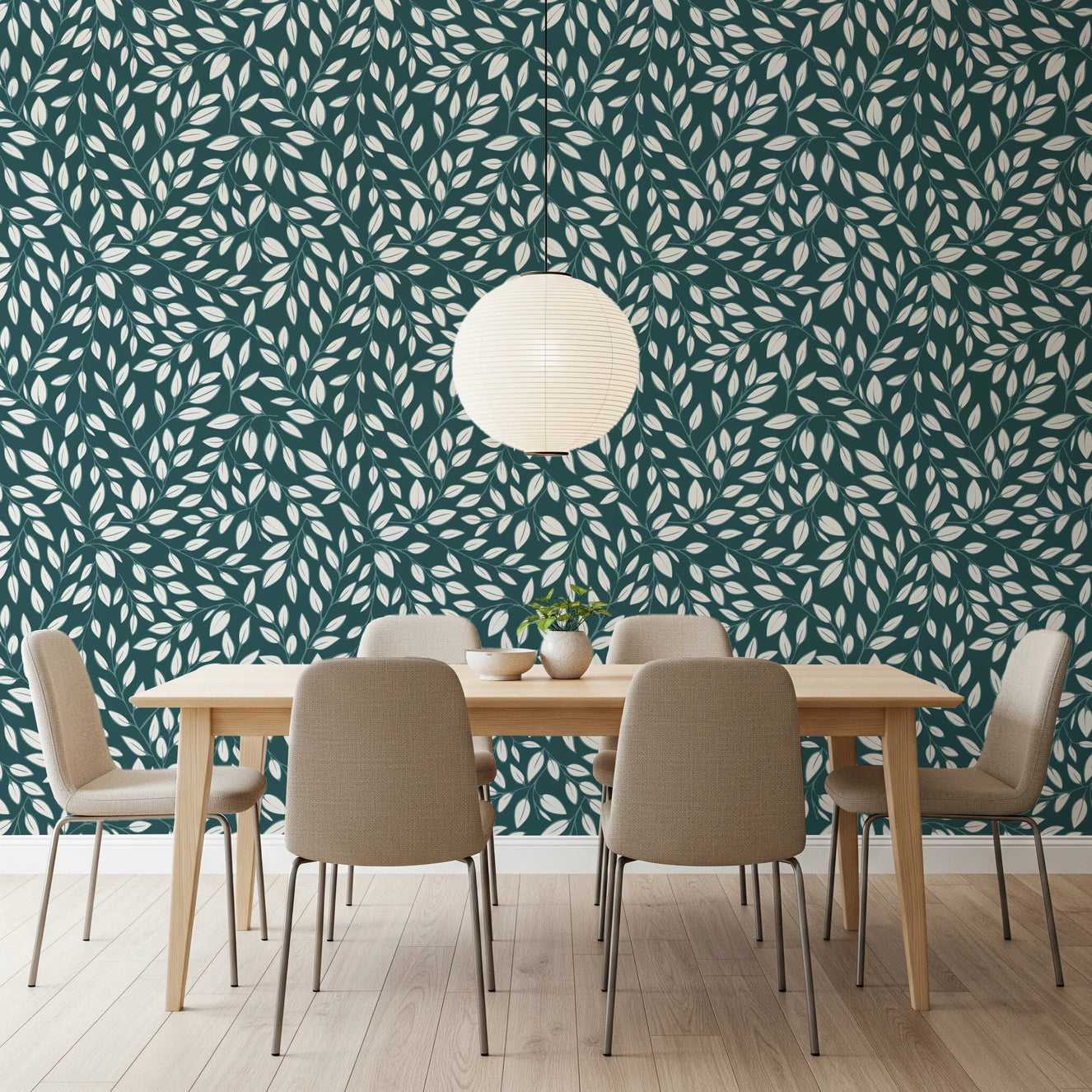 Dining space styled with White Vines on Teal Wallpaper and soft leafy pattern flow