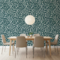 Dining space styled with White Vines on Teal Wallpaper and soft leafy pattern flow
