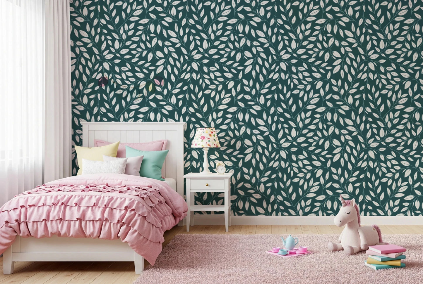 Kids bedroom corner feels playful with White Vines on Teal Wallpaper backdrop