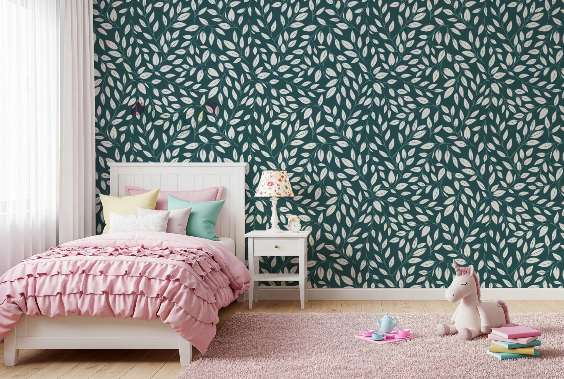 Kids bedroom corner feels playful with White Vines on Teal Wallpaper backdrop