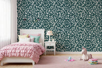 Kids bedroom corner feels playful with White Vines on Teal Wallpaper backdrop