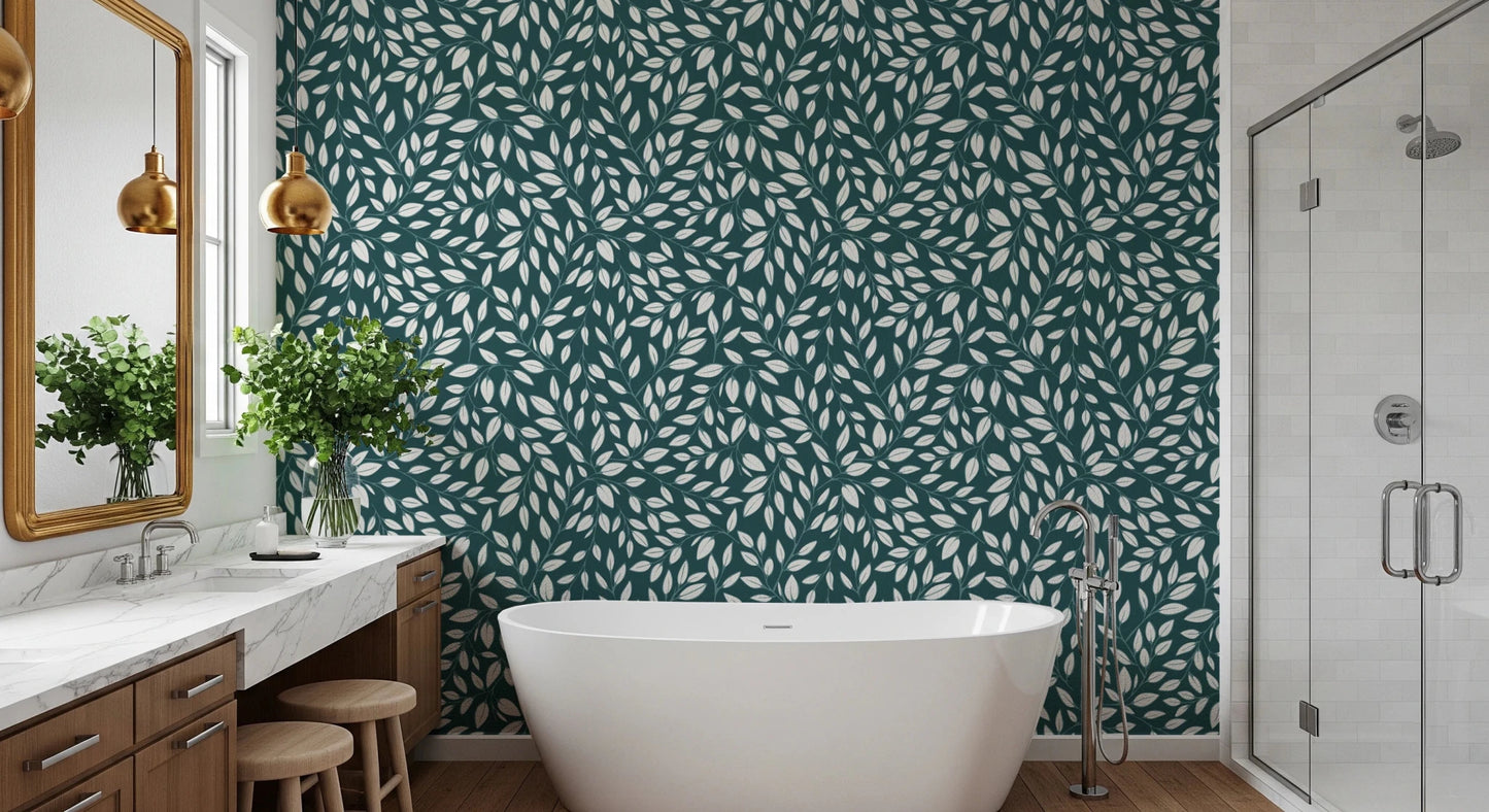 Bathroom space styled with White Vines on Teal Wallpaper and botanical detail