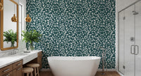 Bathroom space styled with White Vines on Teal Wallpaper and botanical detail