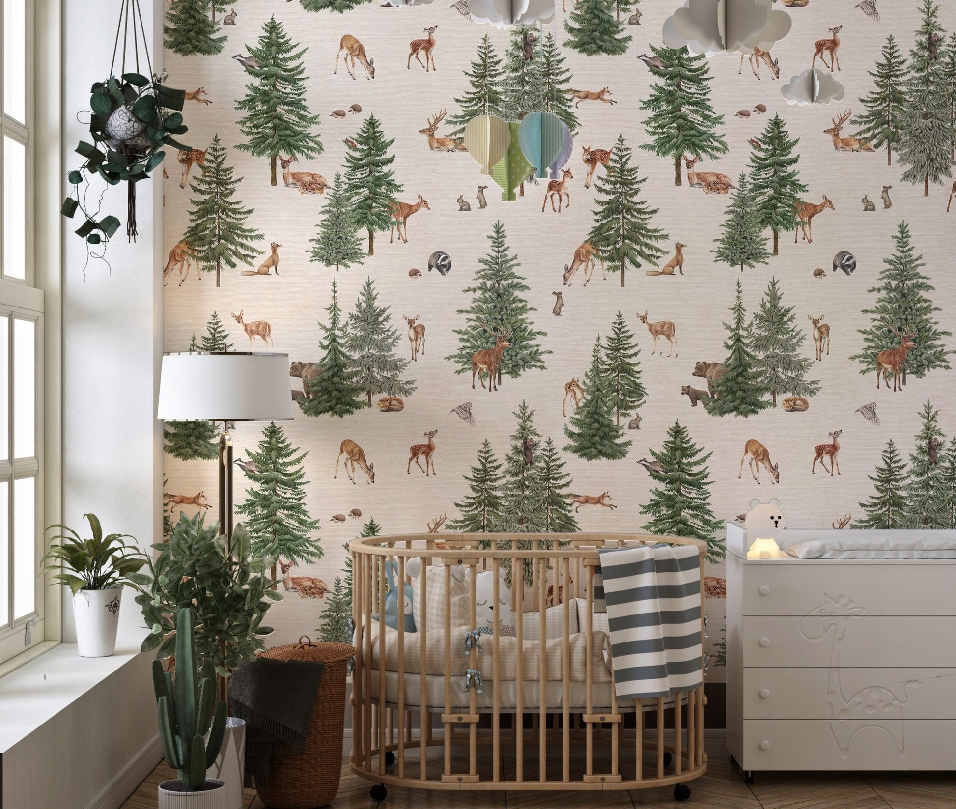 Forest deer and pine tree wallpaper design
