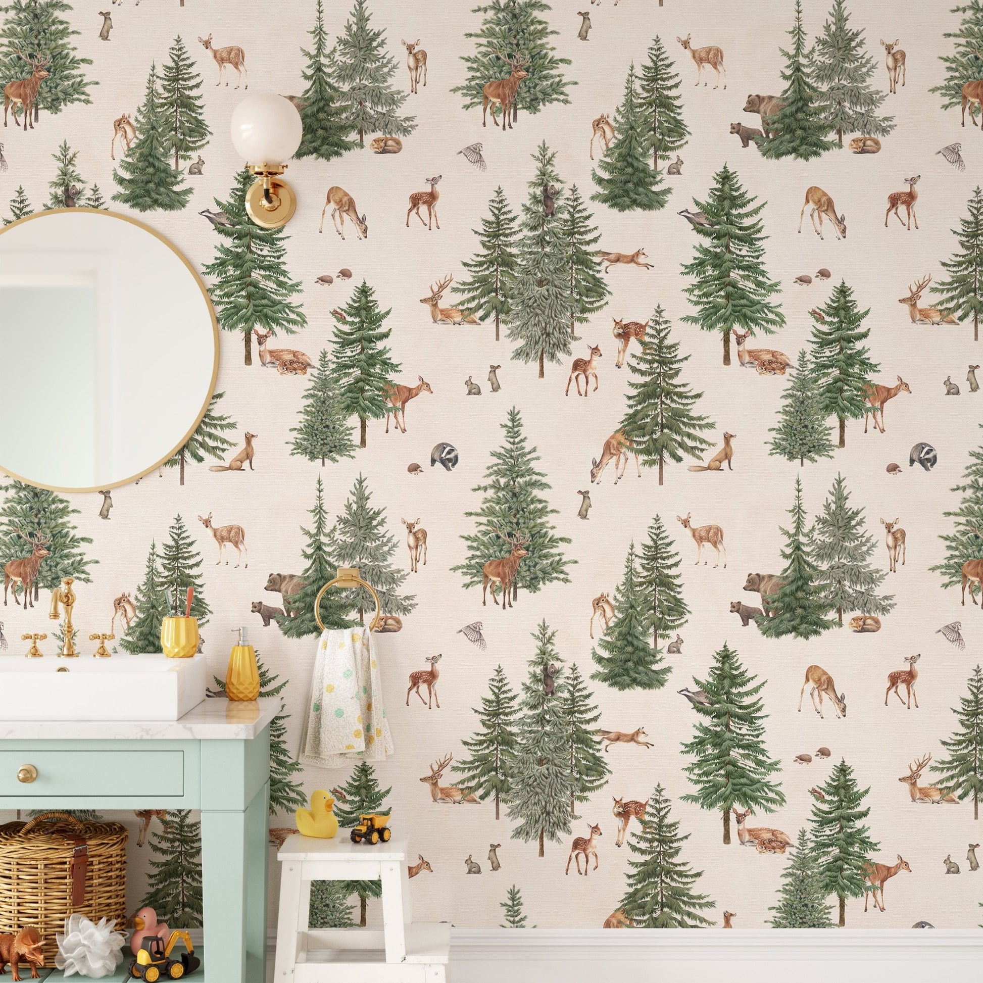 Watercolor deer and trees wallpaper print
