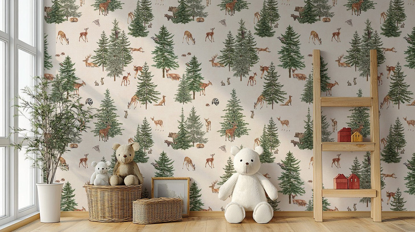 White woodland deer nursery wallpaper

