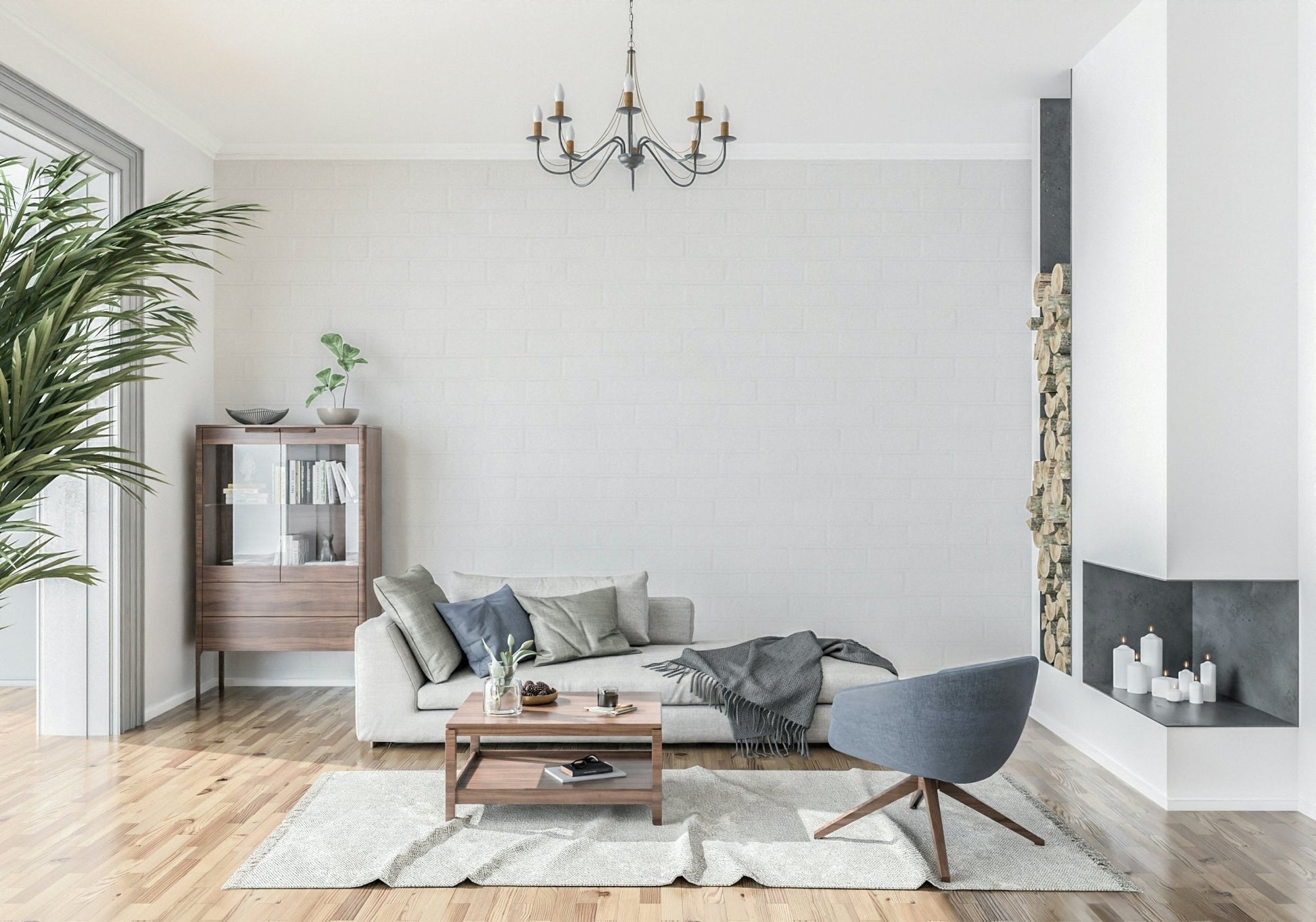 A minimalist living room with the whitewashed peel and stick mural.