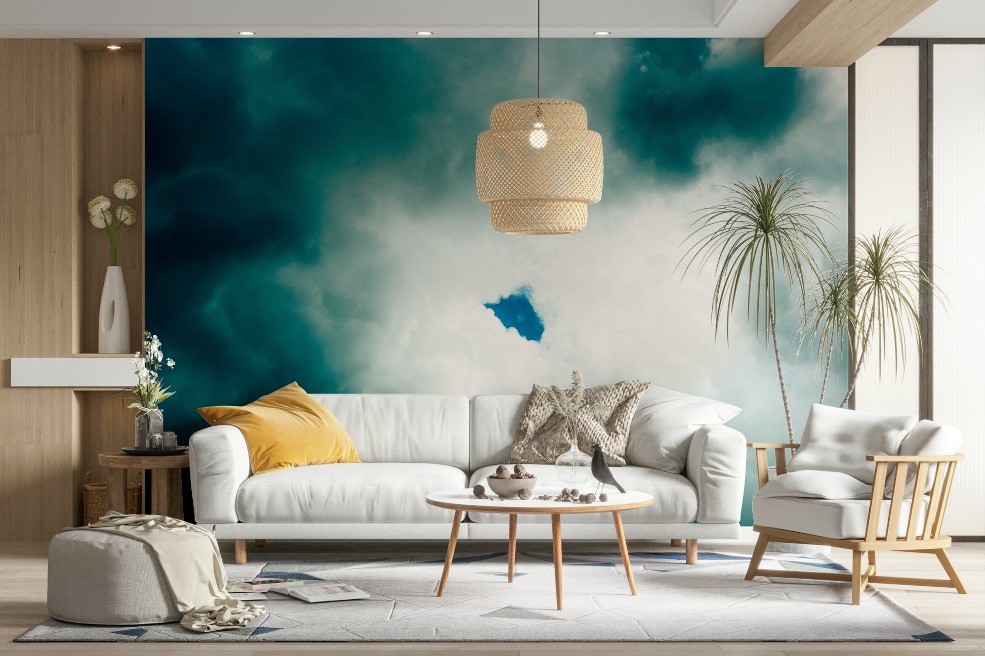 A calming space defining wallpaper mural that extends across walls.

