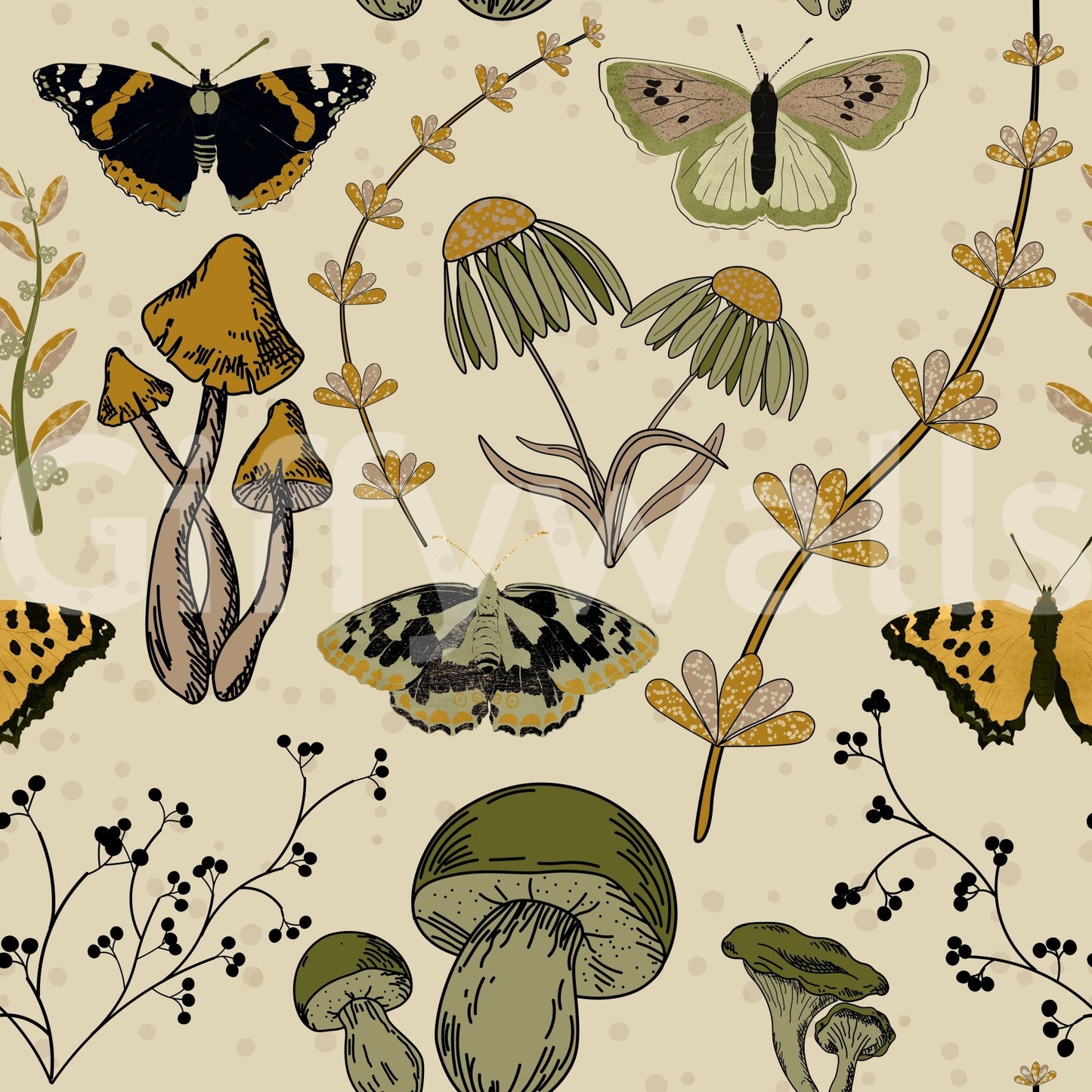 Living room wallpaper showing seasonal wild plants in fall tones.

