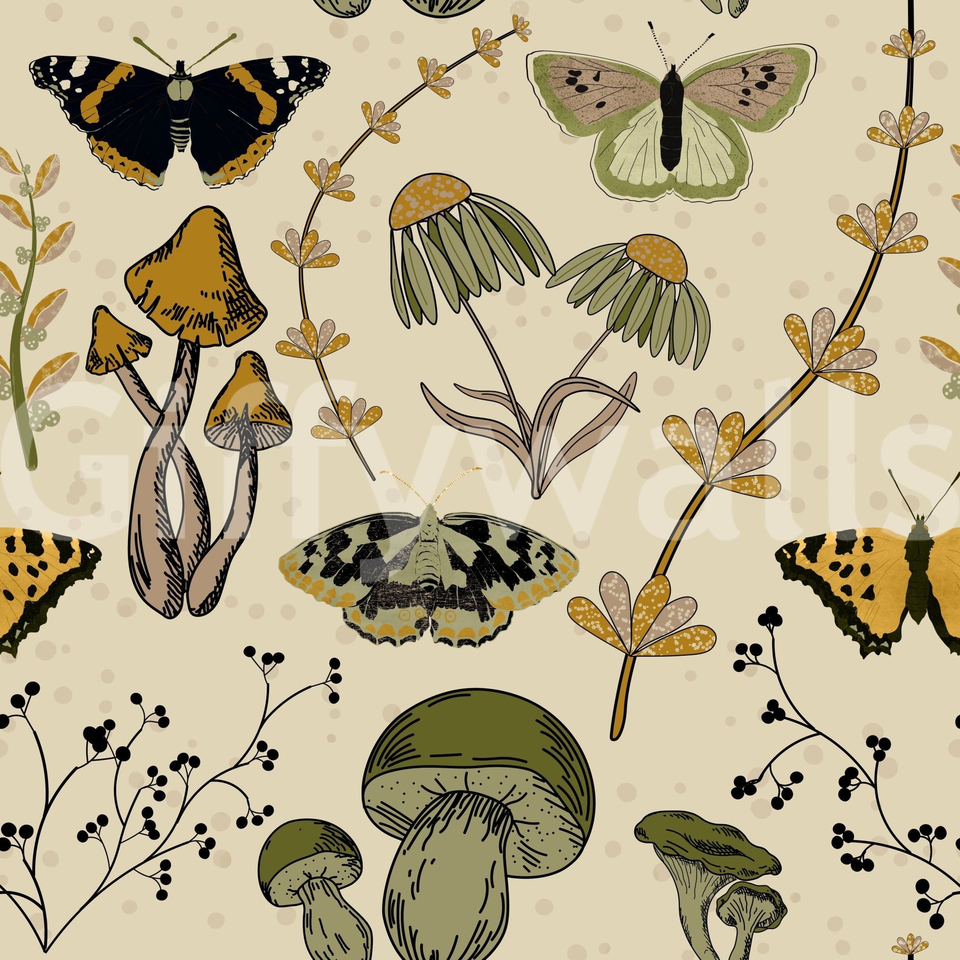 Living room wallpaper showing seasonal wild plants in fall tones.

