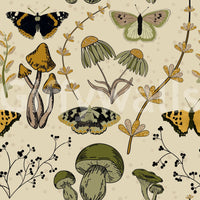 Living room wallpaper showing seasonal wild plants in fall tones.

