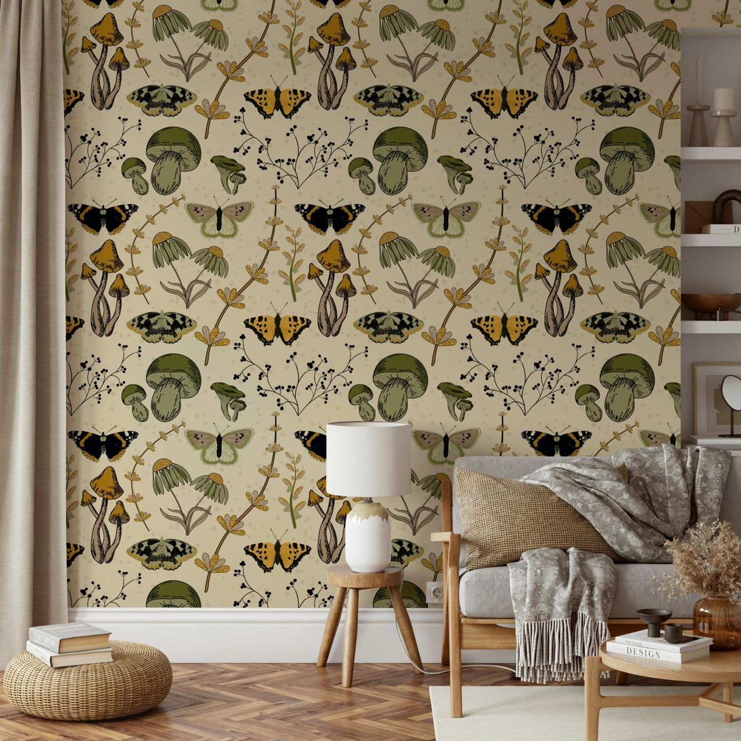 Elegant wallpaper featuring wild herbs and muted floral silhouettes.

