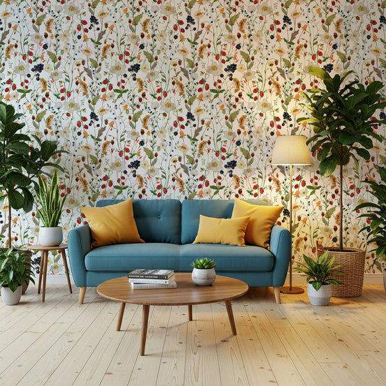 Wild Berry Bliss Wallpaper with watercolor berries and flowers GD7346
