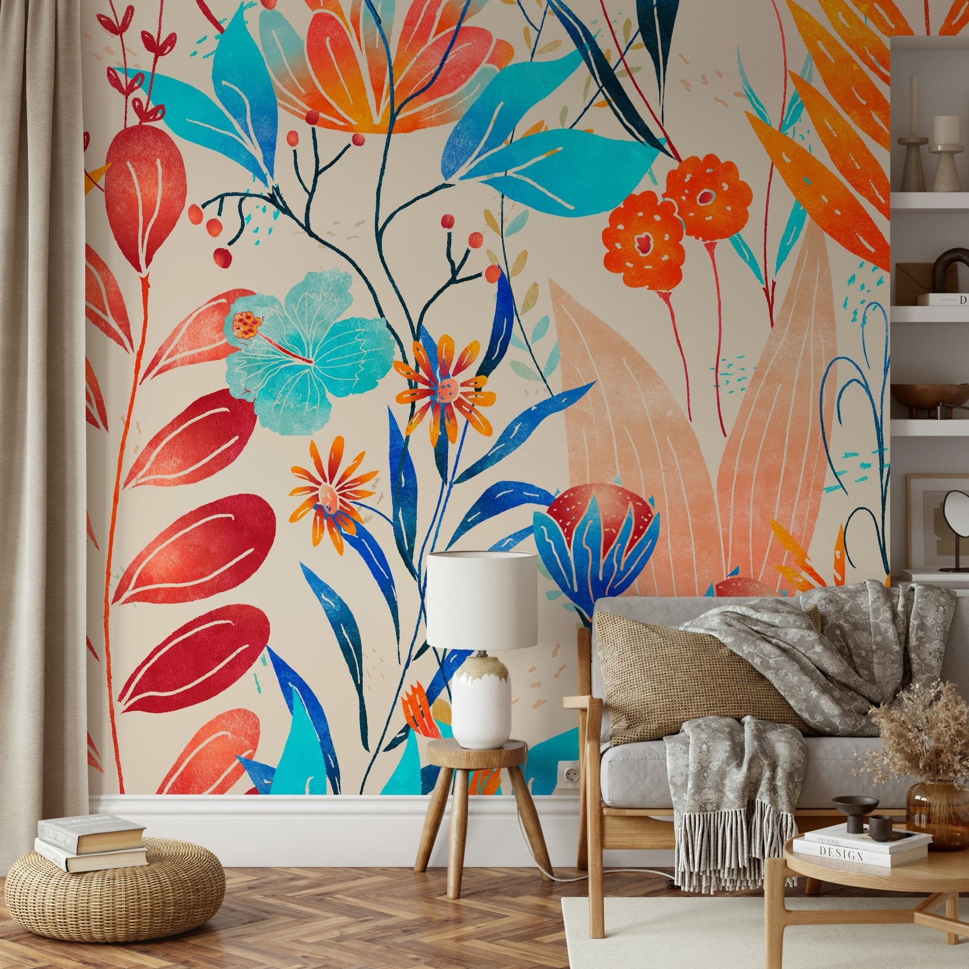 Blue, orange, and red wildflowers wallpaper

