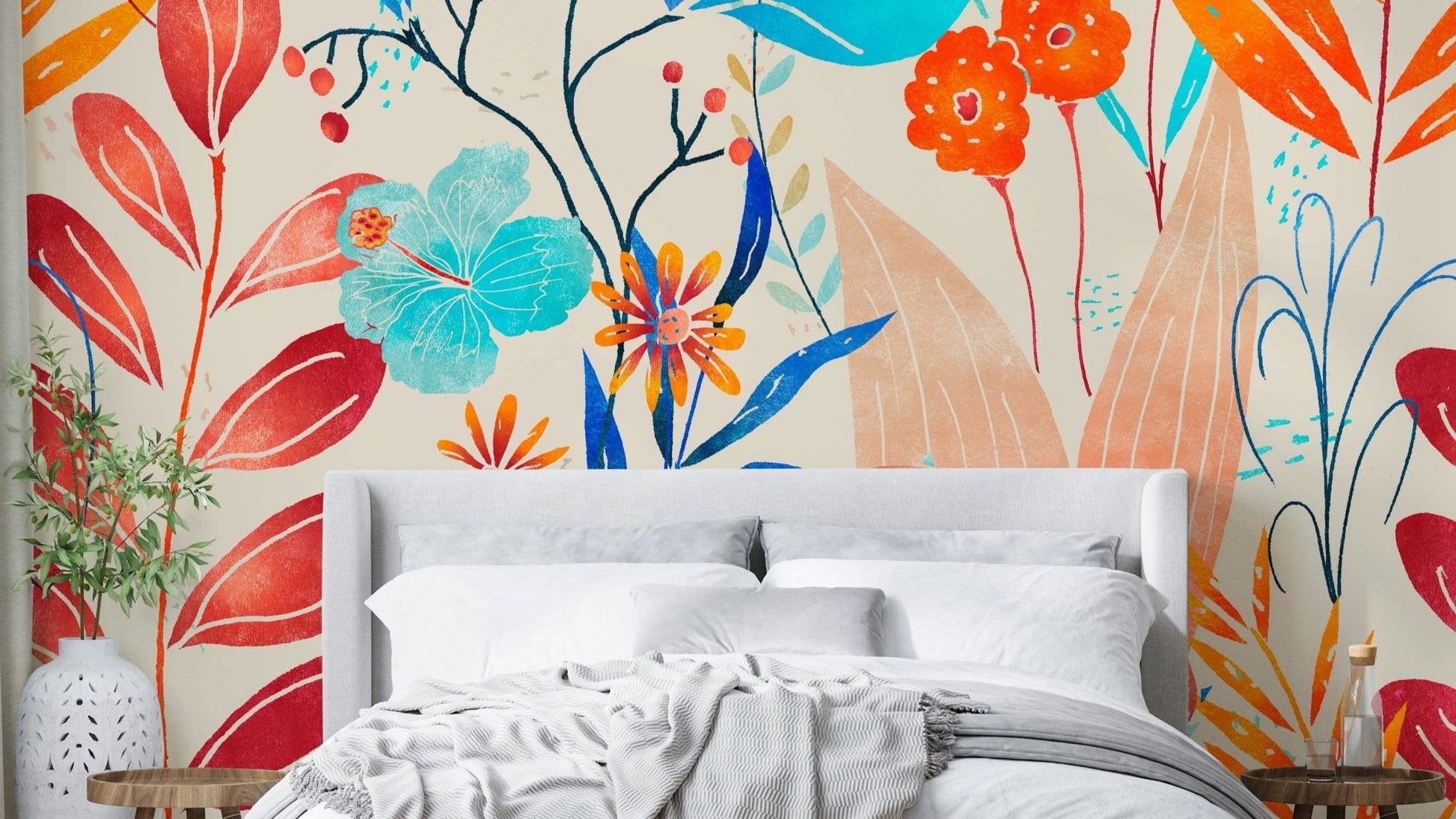 Eclectic floral wallpaper with bright hues

