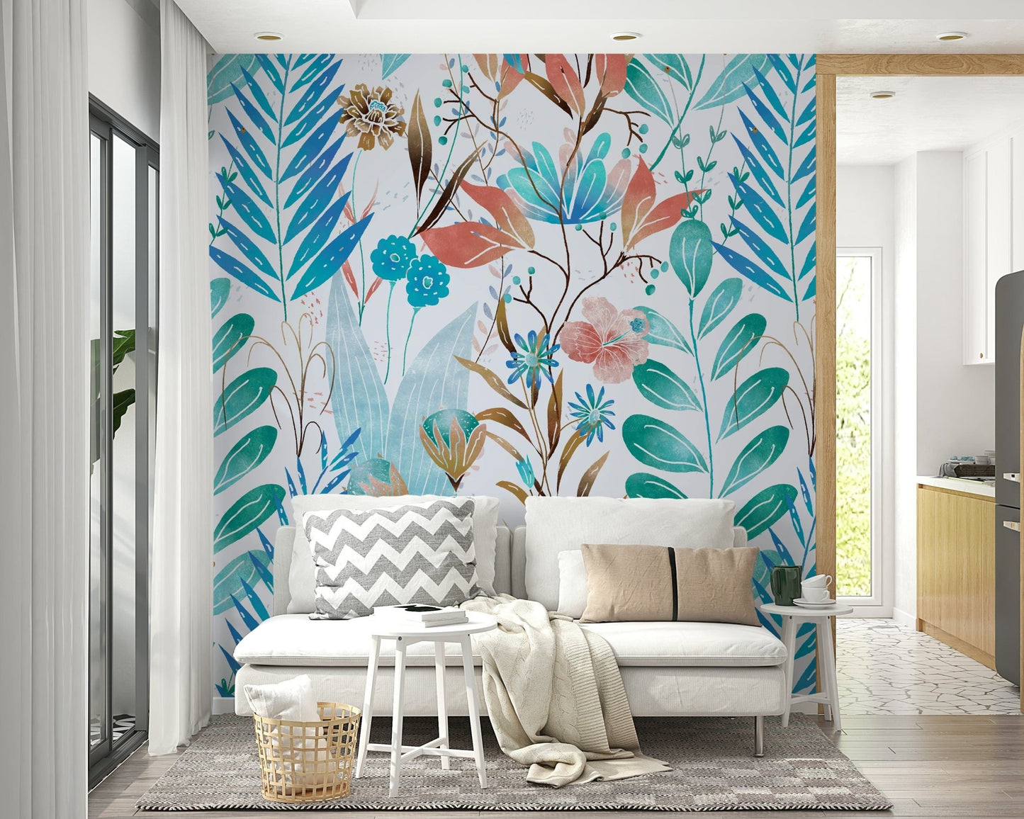 Soft blue and green floral wallpaper pattern GD035

