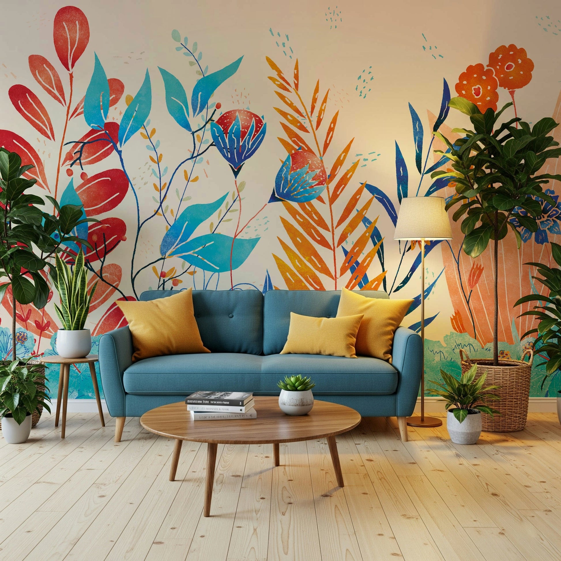 A graceful subtle flower wall mural in bright, bold tones.